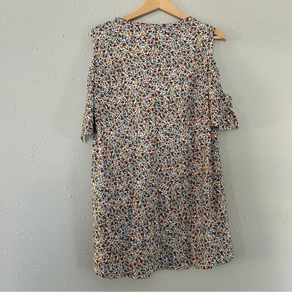 Mango Floral Mini Shift Dress Cold Shoulder Casual Comfy Fall Medium - Picture 4 of 6